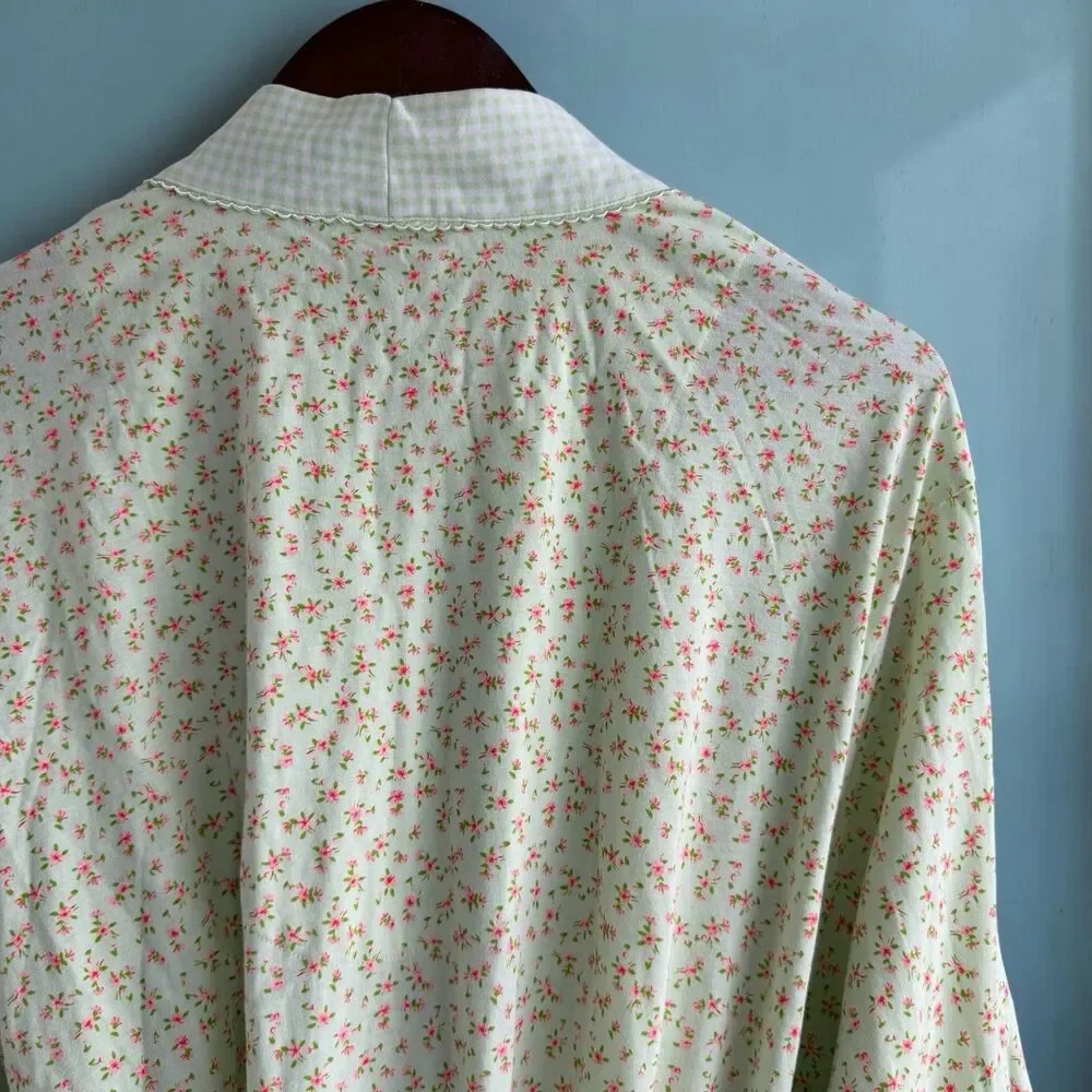 Charter Club Cottagecore Mint Green Floral Gingham Cotton Kimono Wrap Robe XL